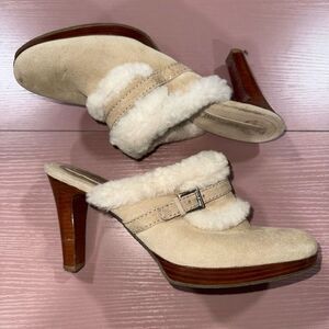 Enzo Angiolini Cream Heeled Mules with Fur Trim